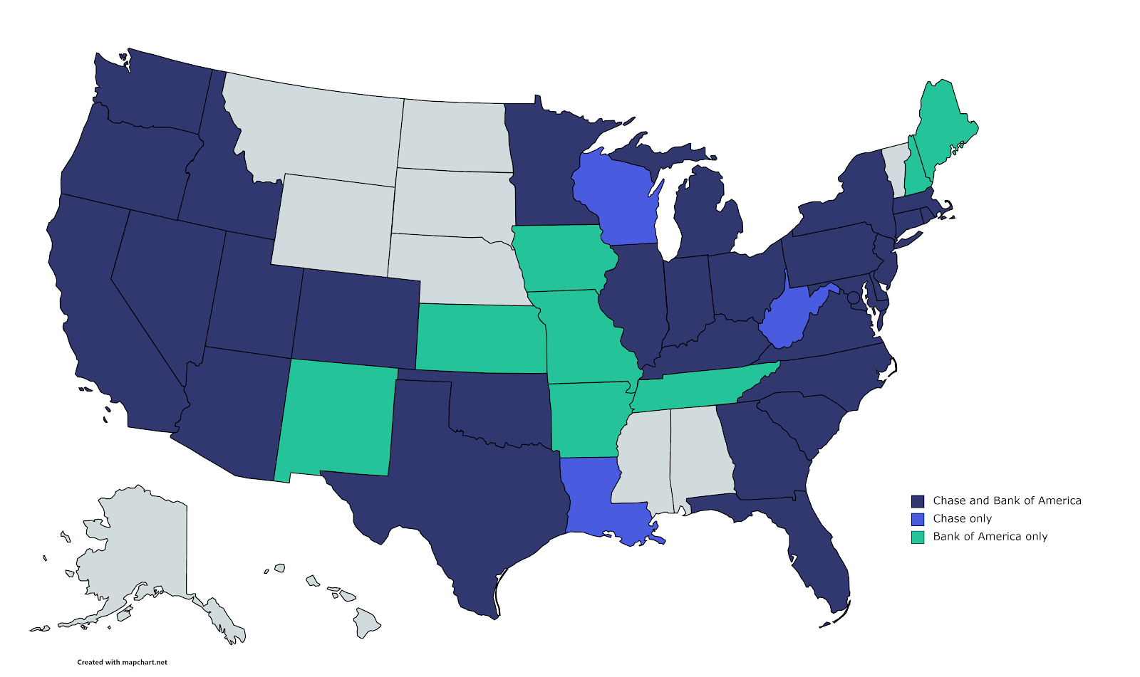 Chase Vs Bank Of America Biz Banking Review Business Org   Chase Vs Bank Of America Map 